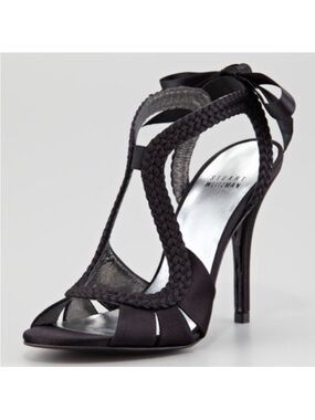 Stuart Weitzman Black Satin “Sweepstakes” Heels with Ankle Bows